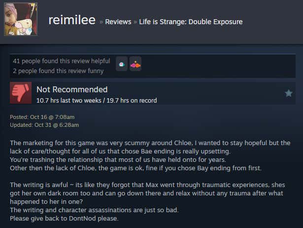 Screenshot showing a Steam review for Life is Strange: Double Exposure.